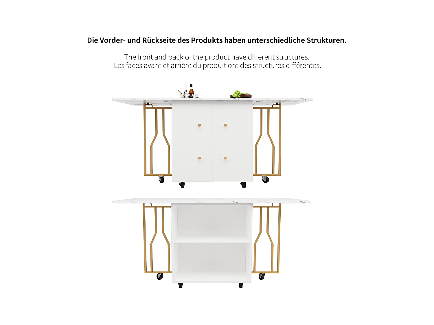 Table à Manger Portable, Plateau Pliant Marbré, Avec Rangement et 6 Roues (2 Bloquables), Pieds en Métal Doré (140x75x76.3 cm)