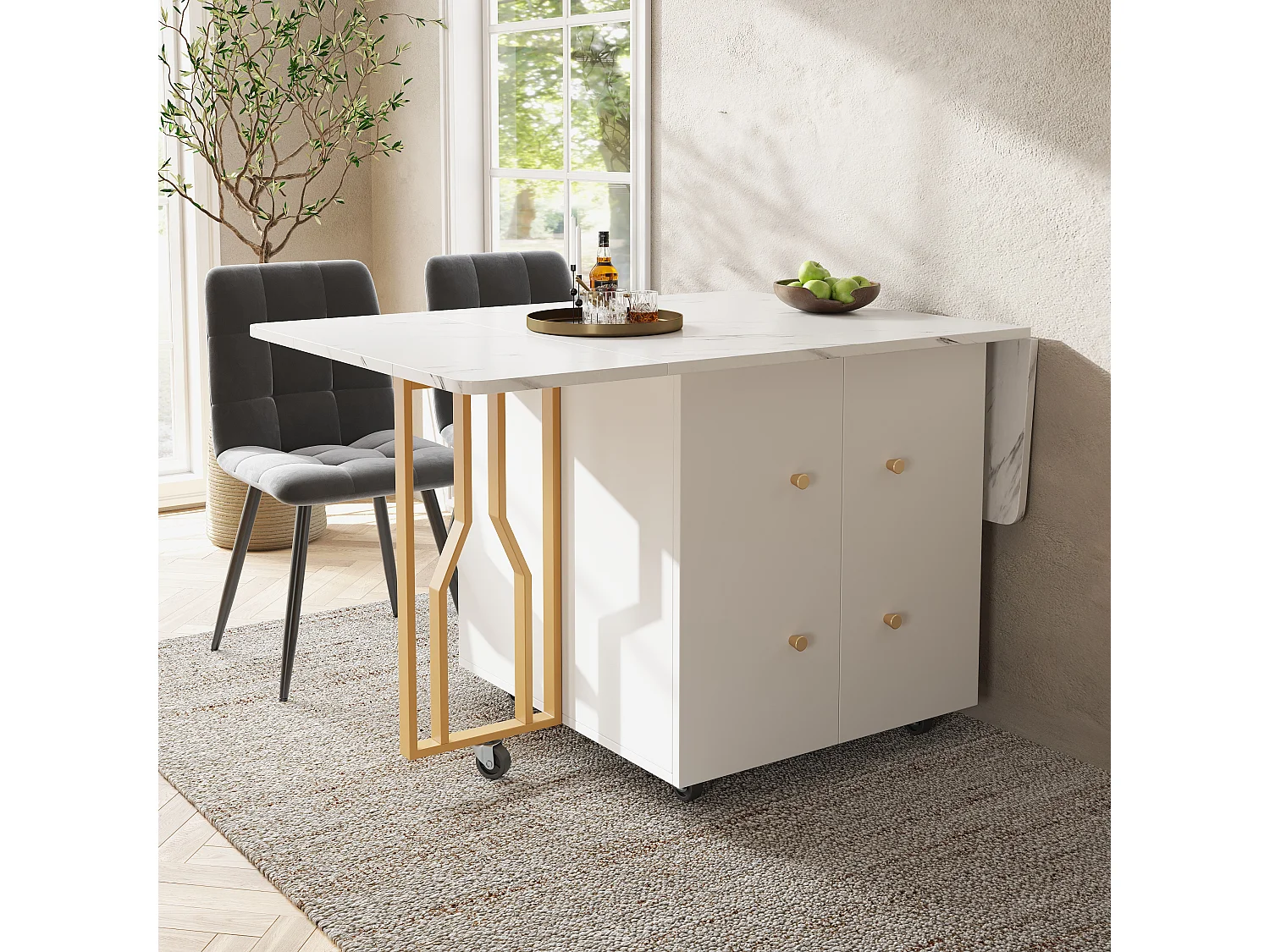 Table à Manger Portable, Plateau Pliant Marbré, Avec Rangement et 6 Roues (2 Bloquables), Pieds en Métal Doré (140x75x76.3 cm)