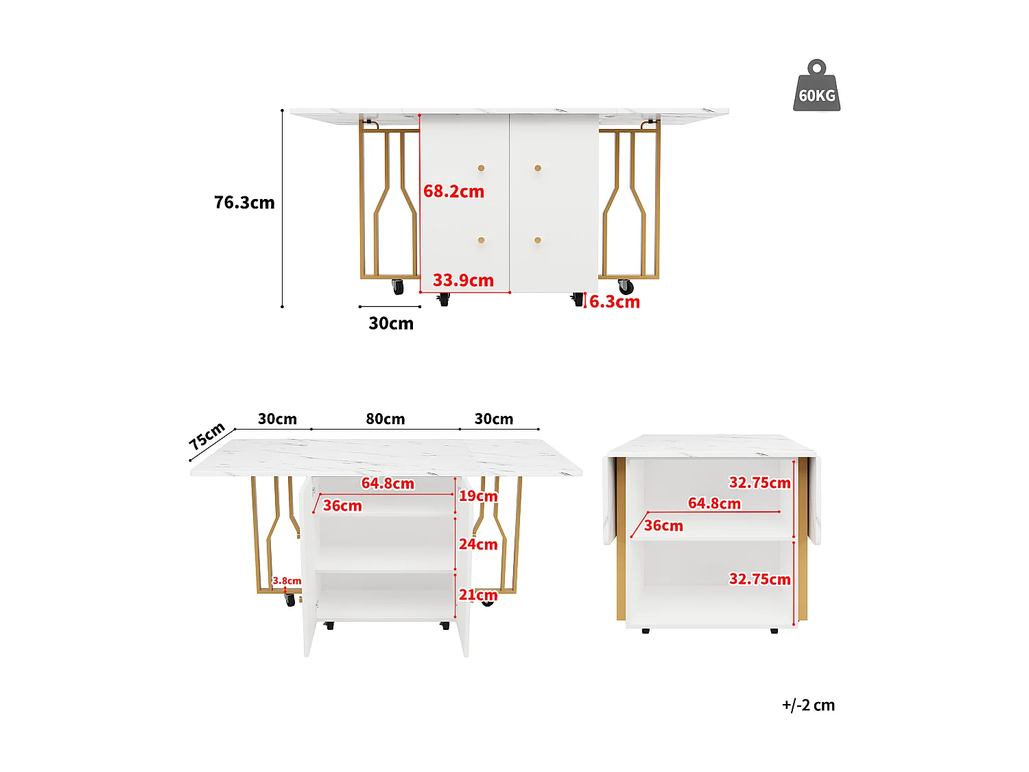 Table à Manger Portable, Plateau Pliant Marbré, Avec Rangement et 6 Roues (2 Bloquables), Pieds en Métal Doré (140x75x76.3 cm)