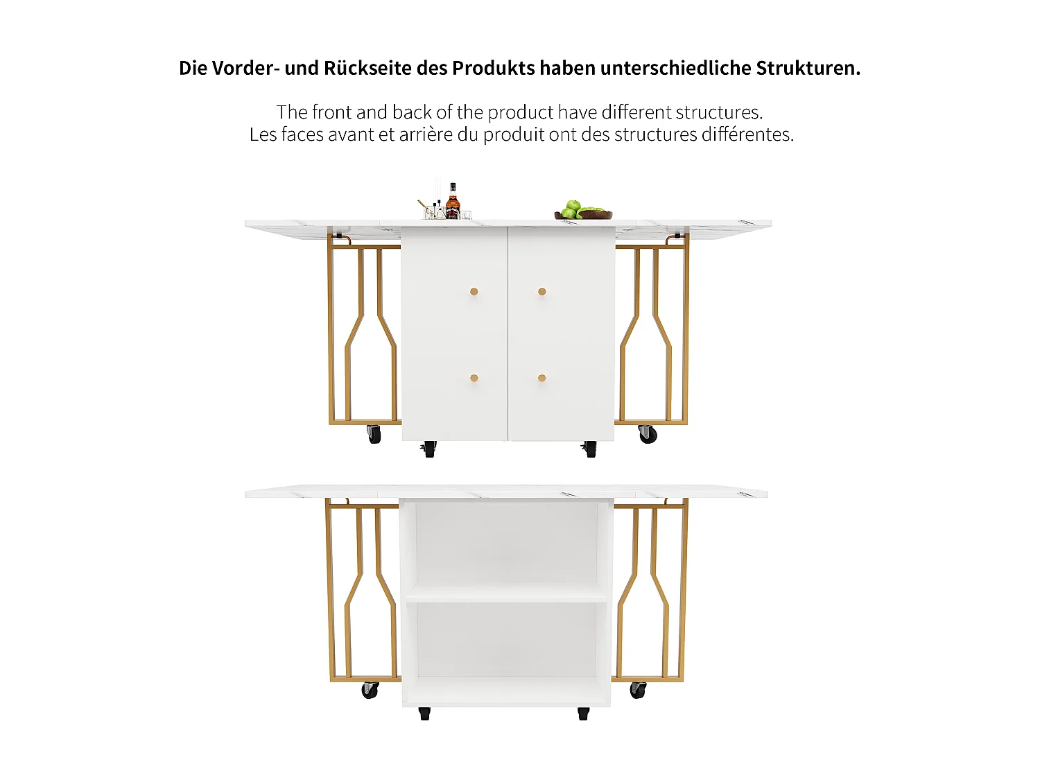 Table à Manger Portable, Plateau Pliant Marbré, Avec Rangement et 6 Roues (2 Bloquables), Pieds en Métal Doré (140x75x76.3 cm)