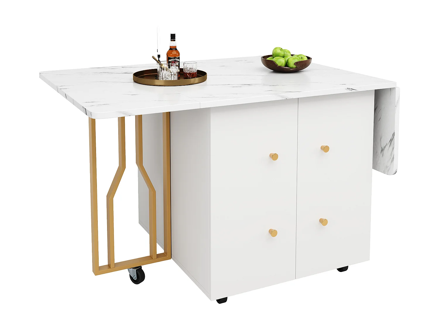 Table à Manger Portable, Plateau Pliant Marbré, Avec Rangement et 6 Roues (2 Bloquables), Pieds en Métal Doré (140x75x76.3 cm)