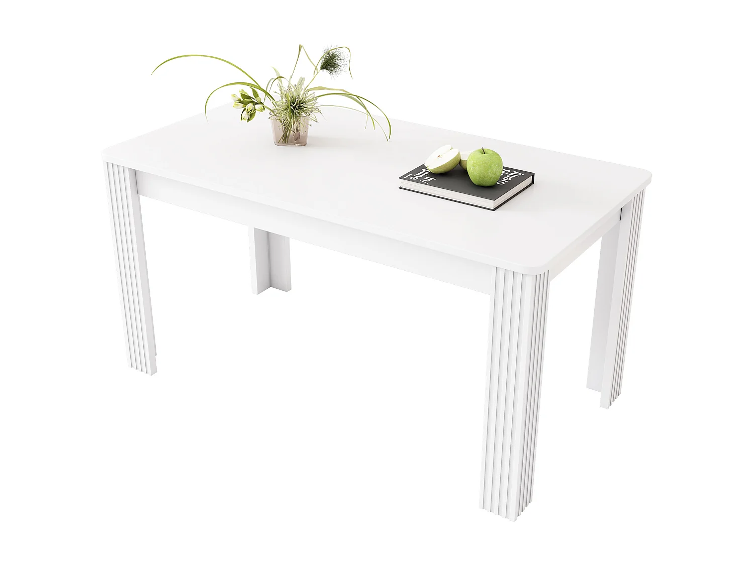 Table de salle à manger moderne, rectangulaire, pieds métal, design épuré, bois de particules, blanc