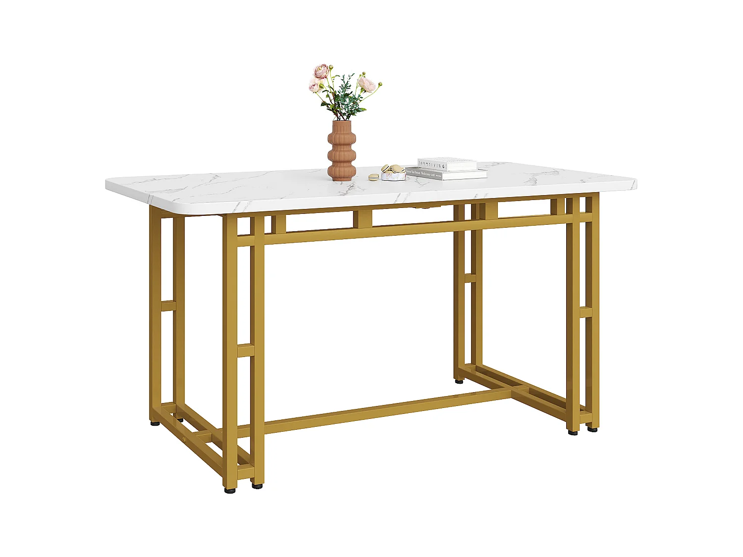 Table à manger moderne, MDF, pieds métalliques dorés, 120x70x74 cm