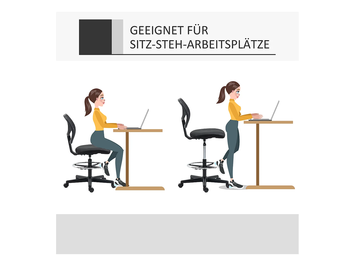 Ergonomische sta-stoel, in hoogte verstelbaar, met voetenbank, zwart, (59x61x93-113 cm) ###