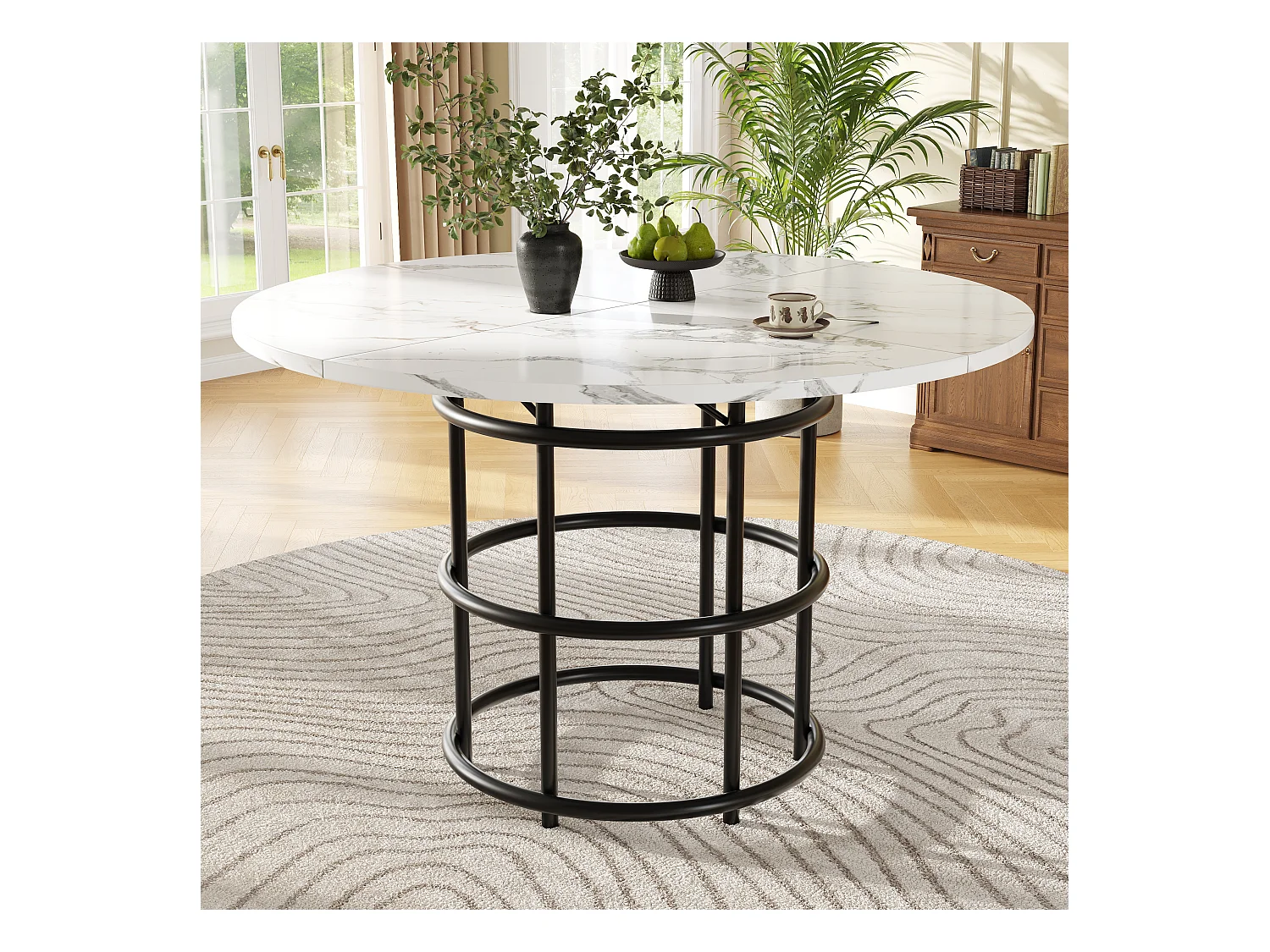 Ronde eettafel, MDF met marmerlook, zwarte geometrische metalen poten (100x100x76 cm)