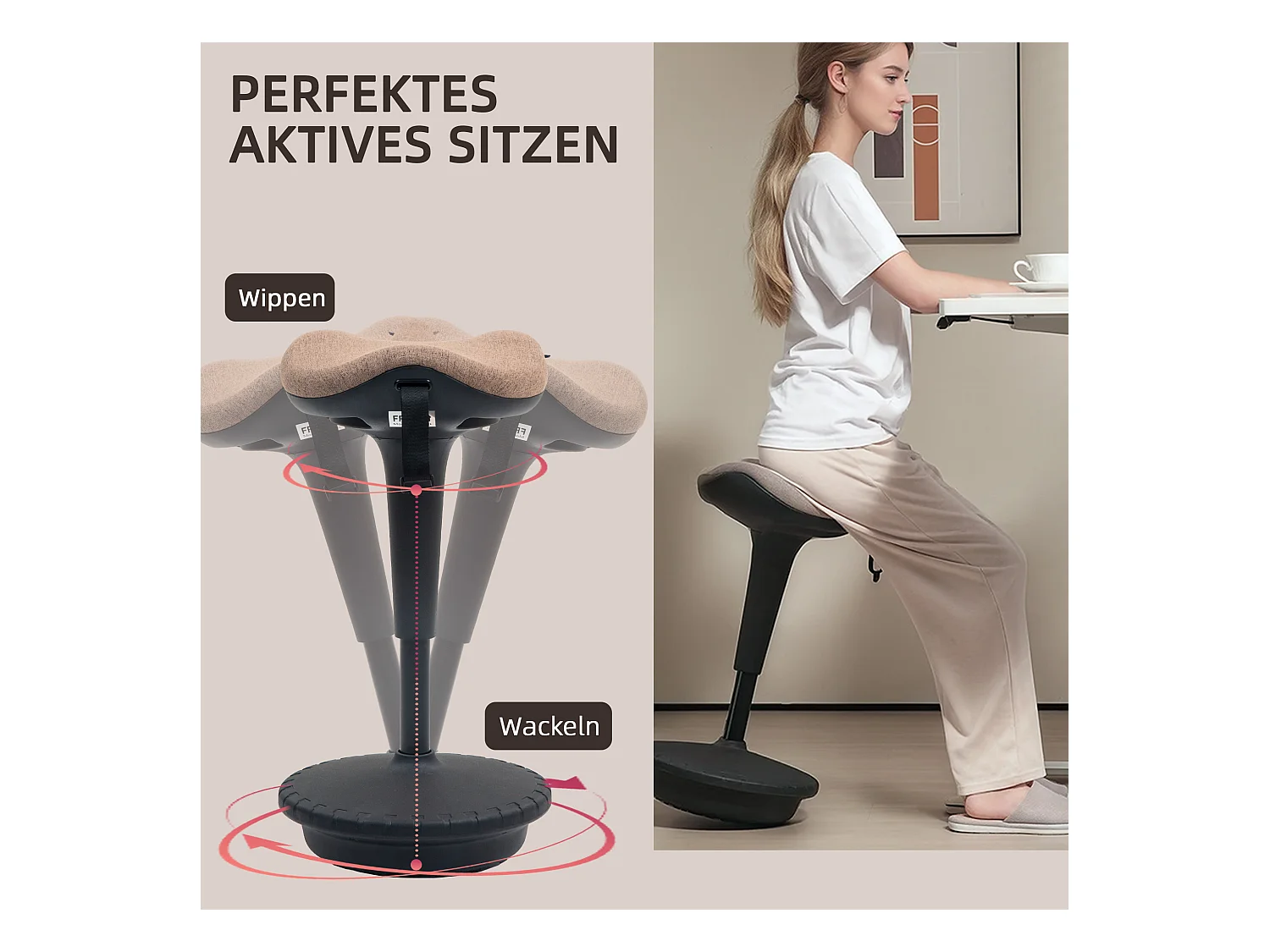 Tabouret de bureau ergonomique, hauteur réglable 68.5-83.5cm, tissu polyester, brun (34x34x68.5-83.5cm)