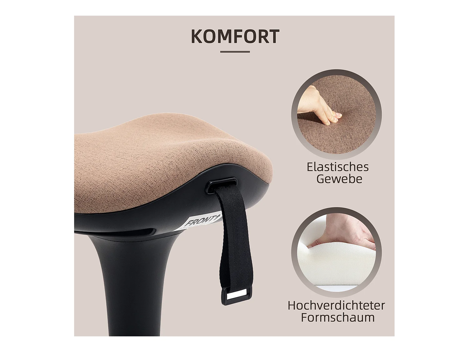 Tabouret de bureau ergonomique, hauteur réglable 68.5-83.5cm, tissu polyester, brun (34x34x68.5-83.5cm)