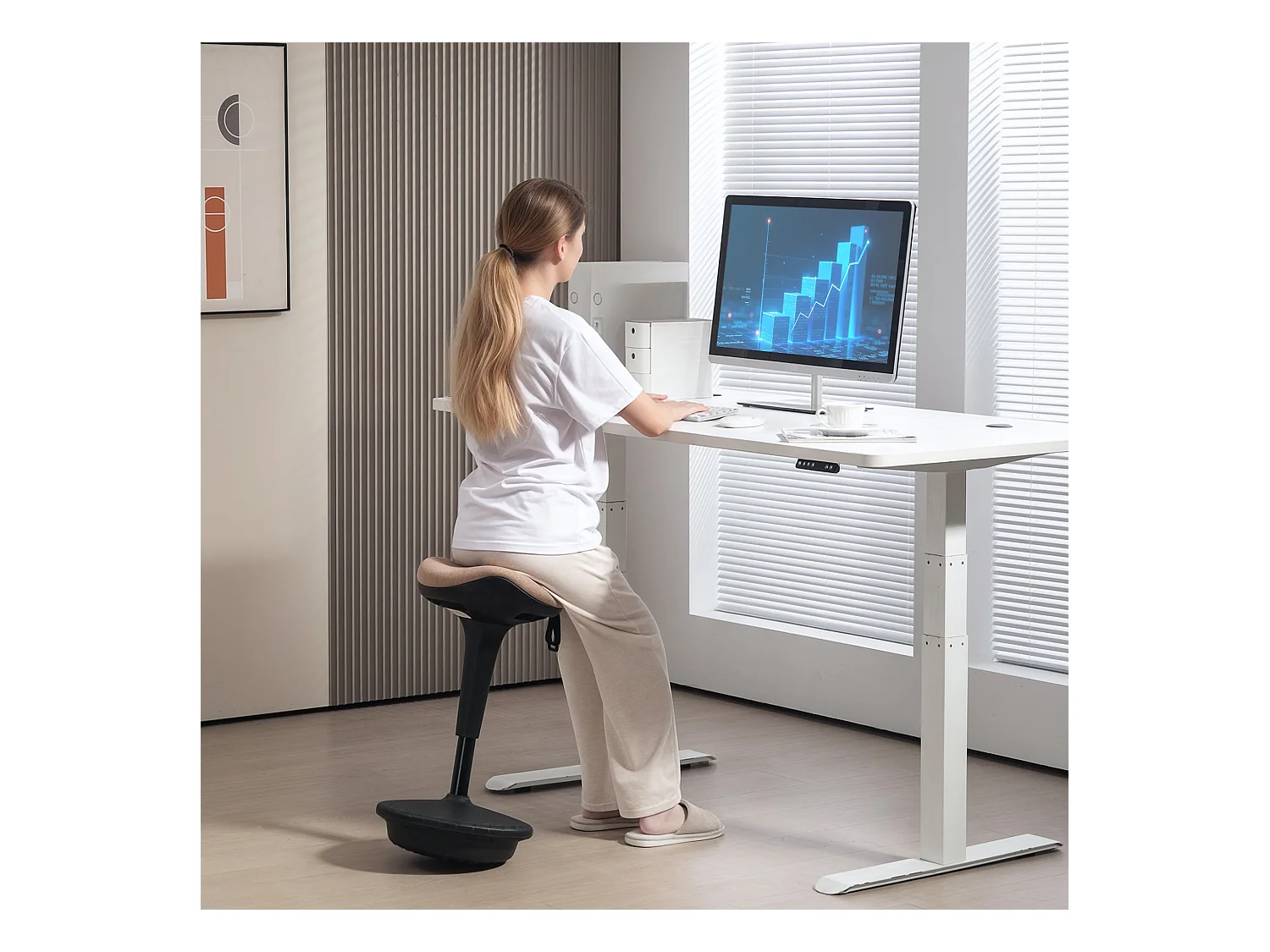 Tabouret de bureau ergonomique, hauteur réglable 68.5-83.5cm, tissu polyester, brun (34x34x68.5-83.5cm)