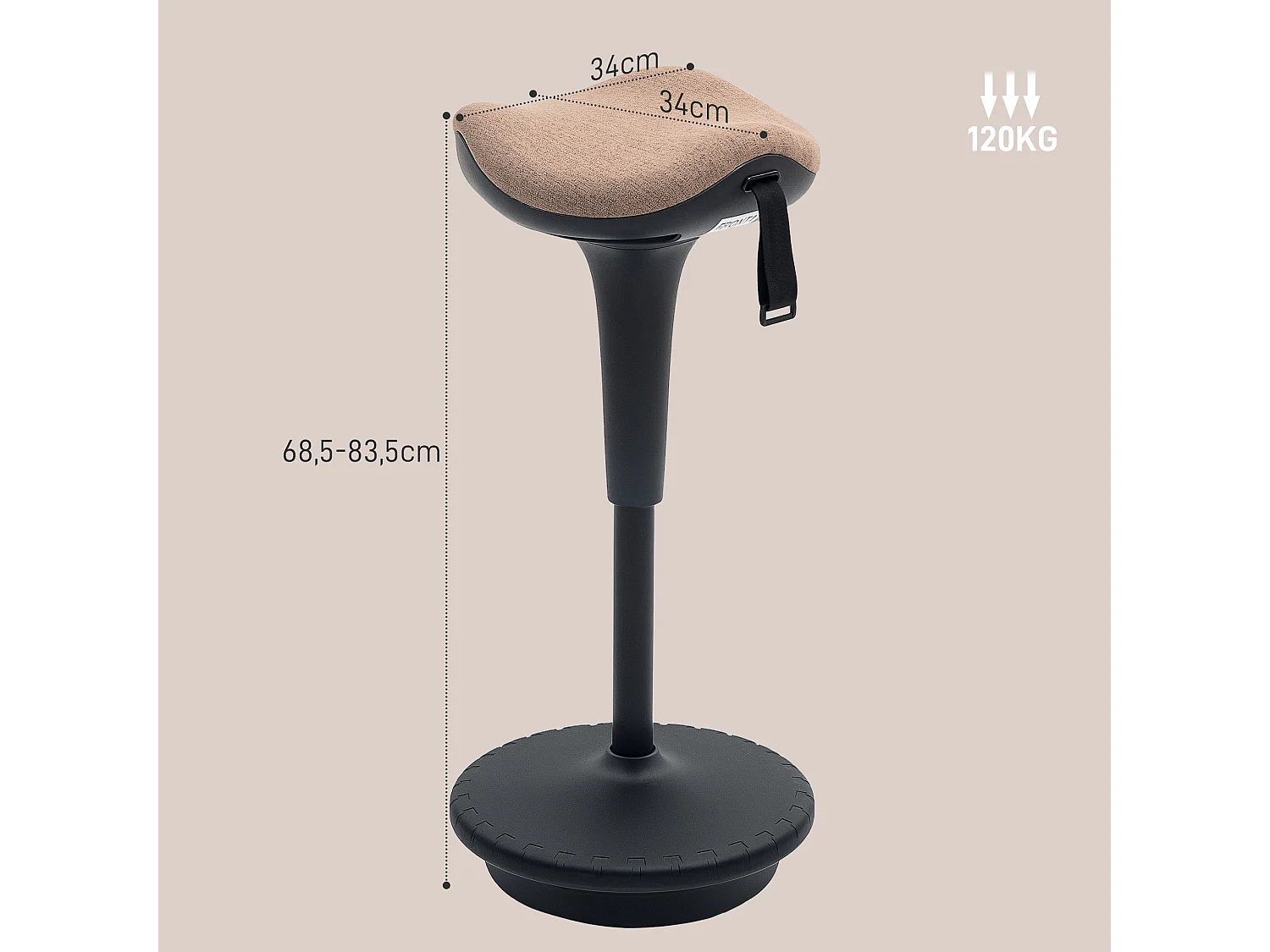 Tabouret de bureau ergonomique, hauteur réglable 68.5-83.5cm, tissu polyester, brun (34x34x68.5-83.5cm)