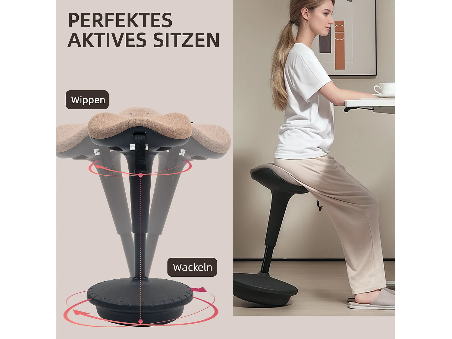 Tabouret de bureau ergonomique, hauteur réglable 68.5-83.5cm, tissu polyester, brun (34x34x68.5-83.5cm)