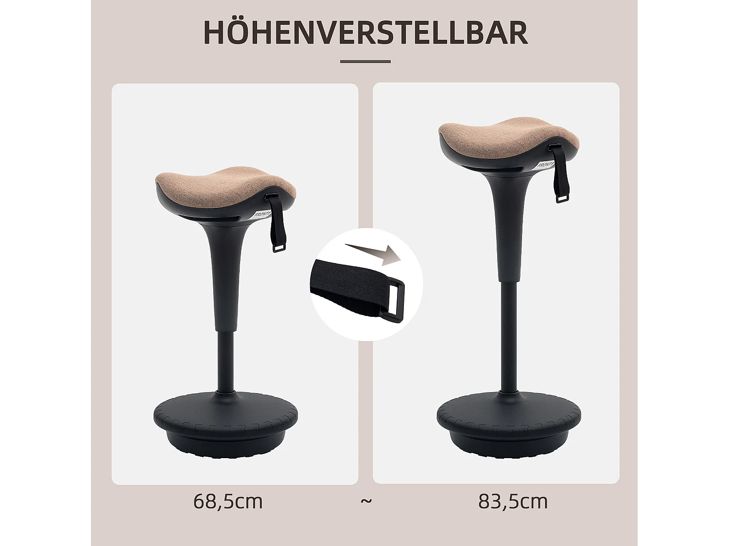 Tabouret de bureau ergonomique, hauteur réglable 68.5-83.5cm, tissu polyester, brun (34x34x68.5-83.5cm)