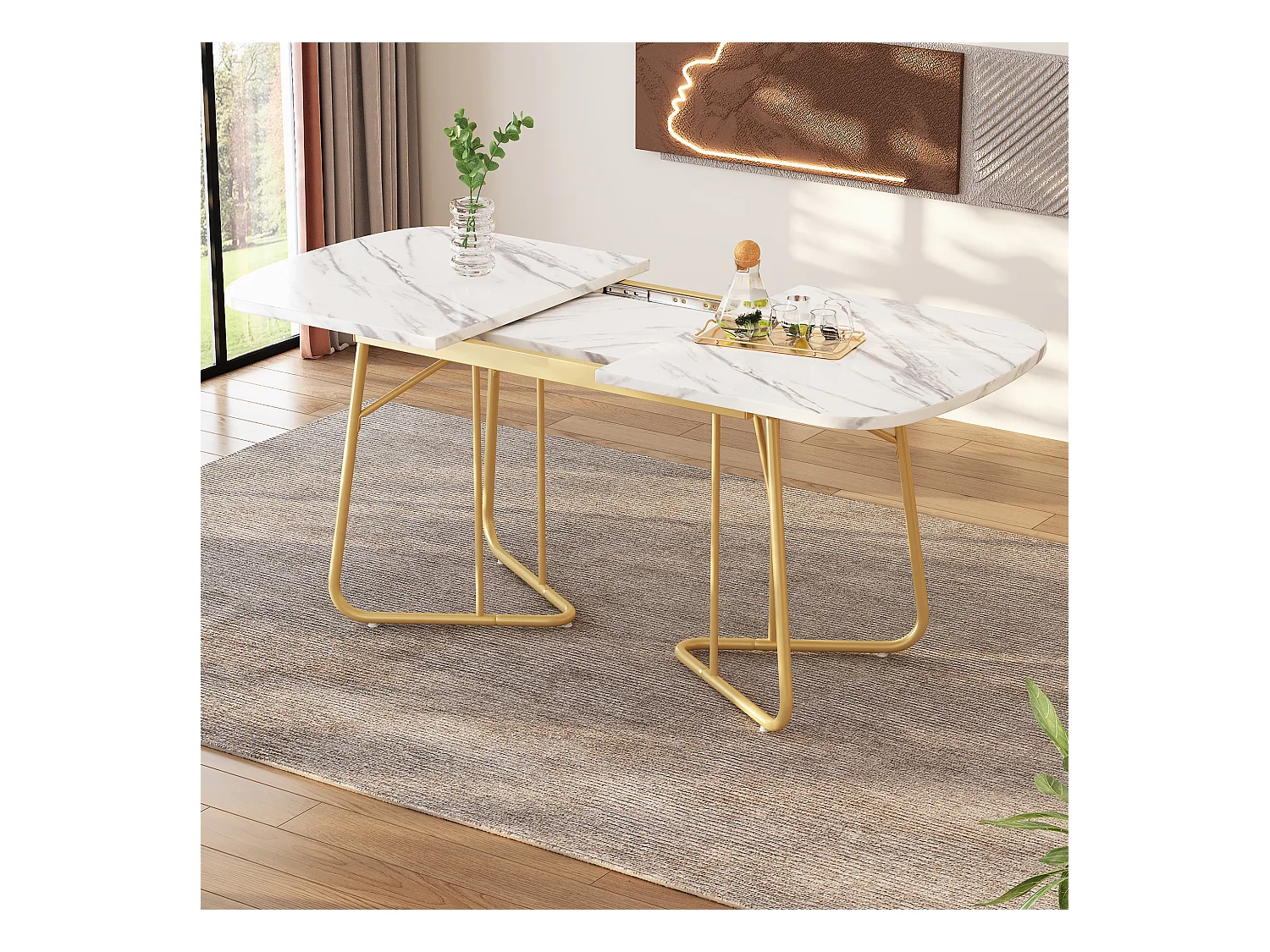 Table à manger extensible blanche avec motif marbré, pieds métalliques dorés, 140/180\80 cm, design luxe, pour 4 à 6 personnes (140/180 x 80 x 75 cm)