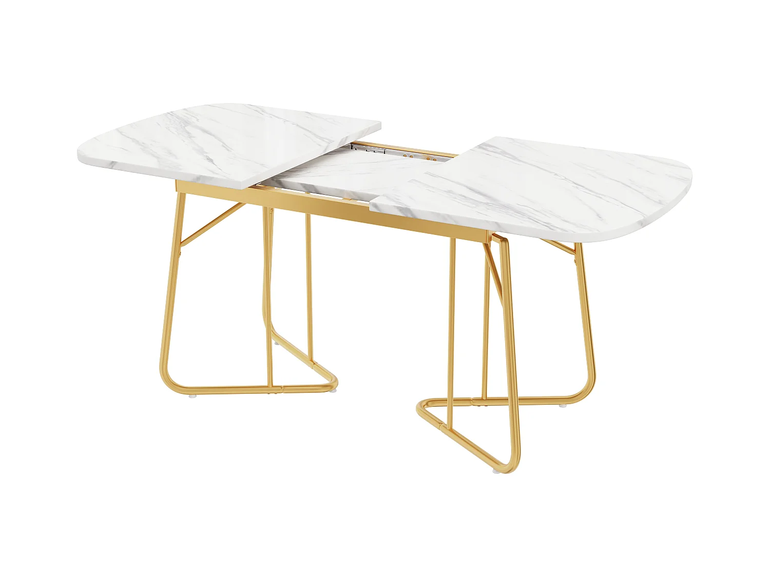 Table à manger extensible blanche avec motif marbré, pieds métalliques dorés, 140/180\80 cm, design luxe, pour 4 à 6 personnes (140/180 x 80 x 75 cm)