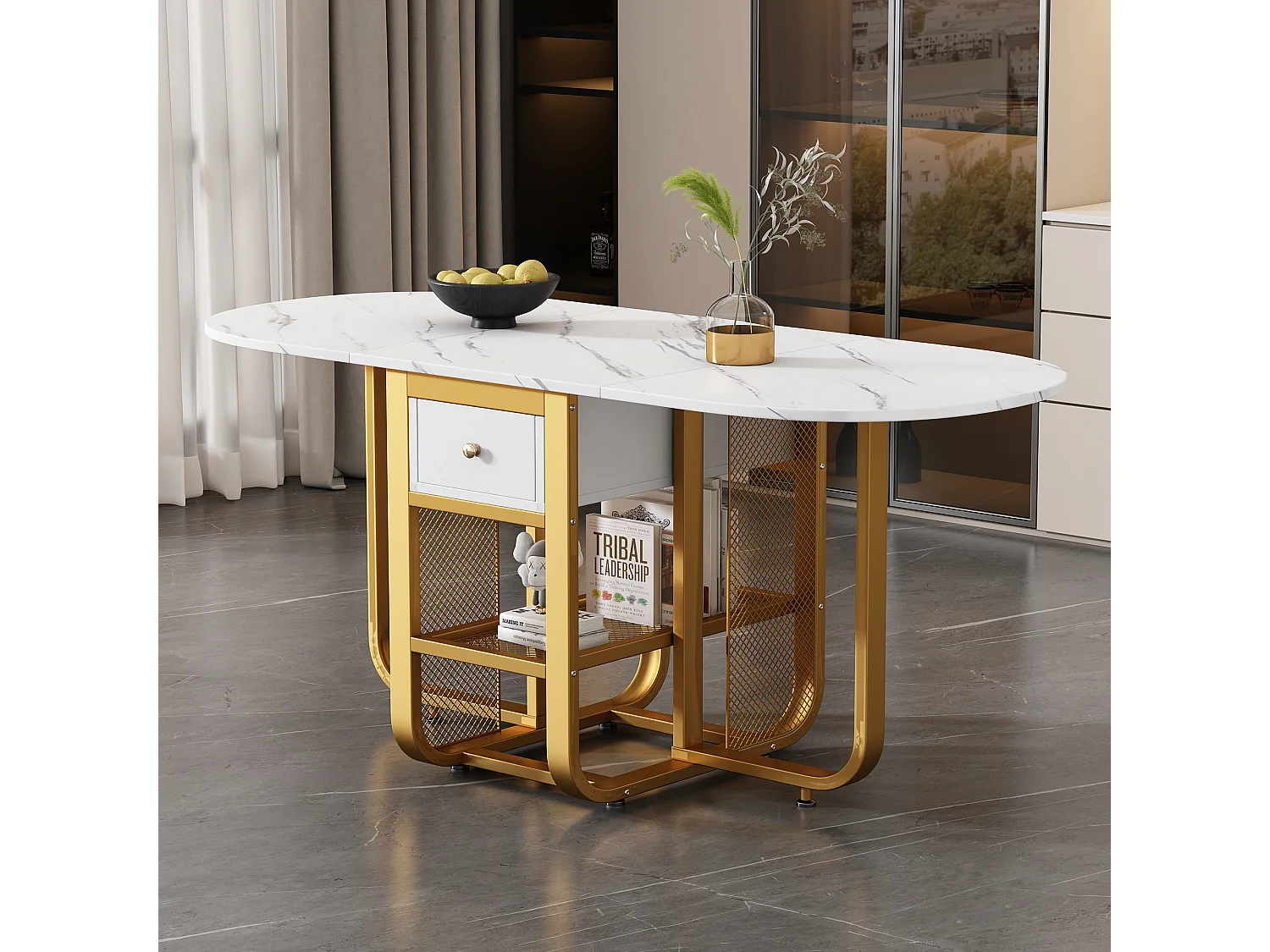 Mesa plegable y extensible, mesa multifuncional, con cajones, diseño moderno, aglomerado, color blanco y dorado (dimensiones no especificadas)