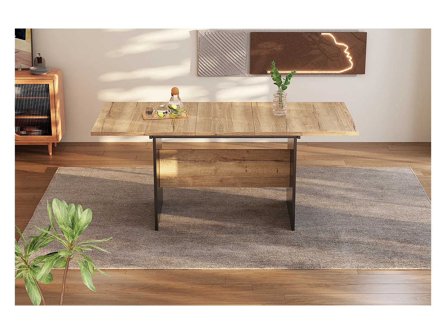 Table à manger extensible 140/180x80 cm, pour 4 à 6 personnes, design en bois naturel, rectangulaire, style minimaliste (dimensions : 140/180 x 80 x 75 cm)