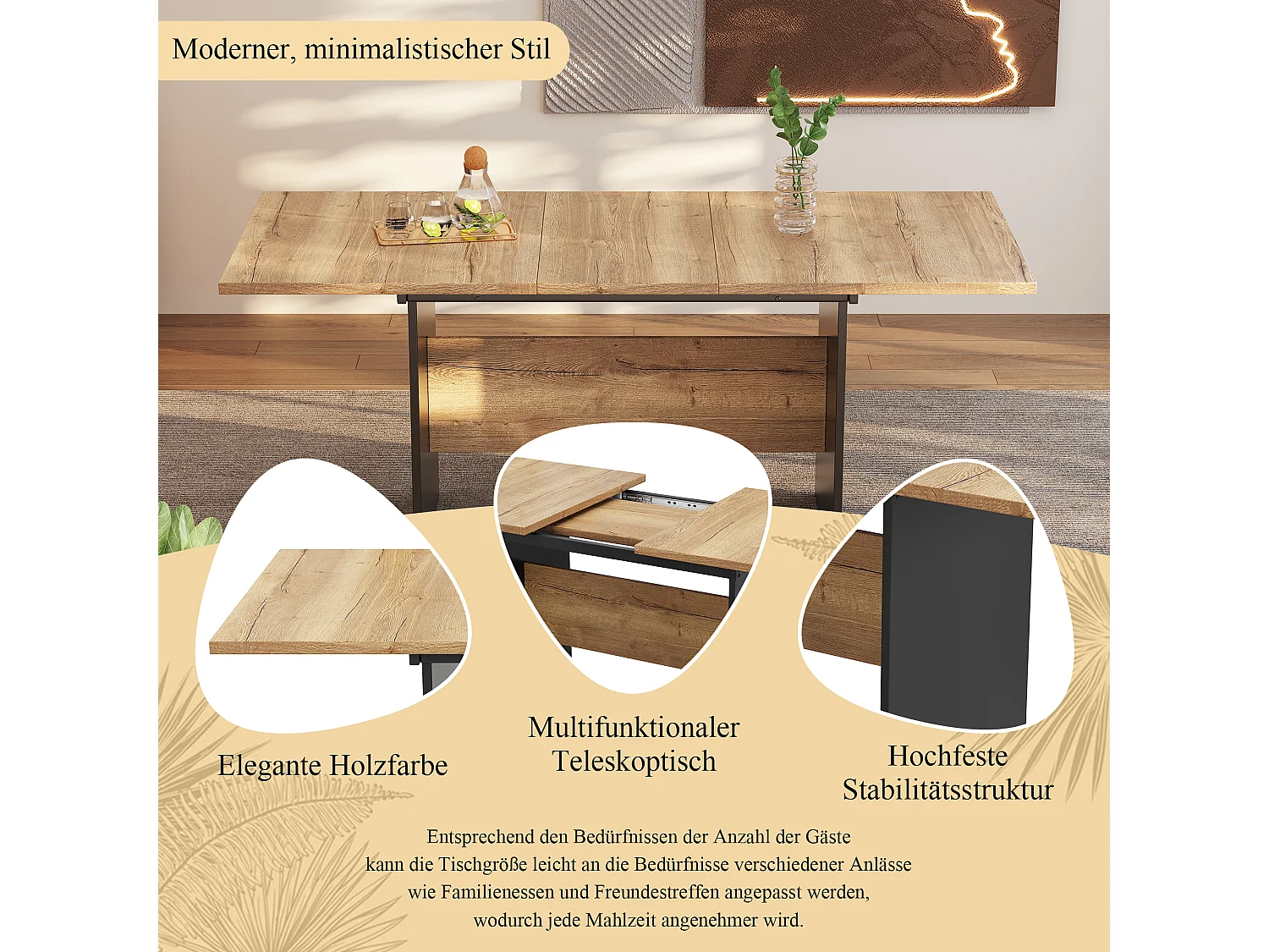 Table à manger extensible 140/180x80 cm, pour 4 à 6 personnes, design en bois naturel, rectangulaire, style minimaliste (dimensions : 140/180 x 80 x 75 cm)