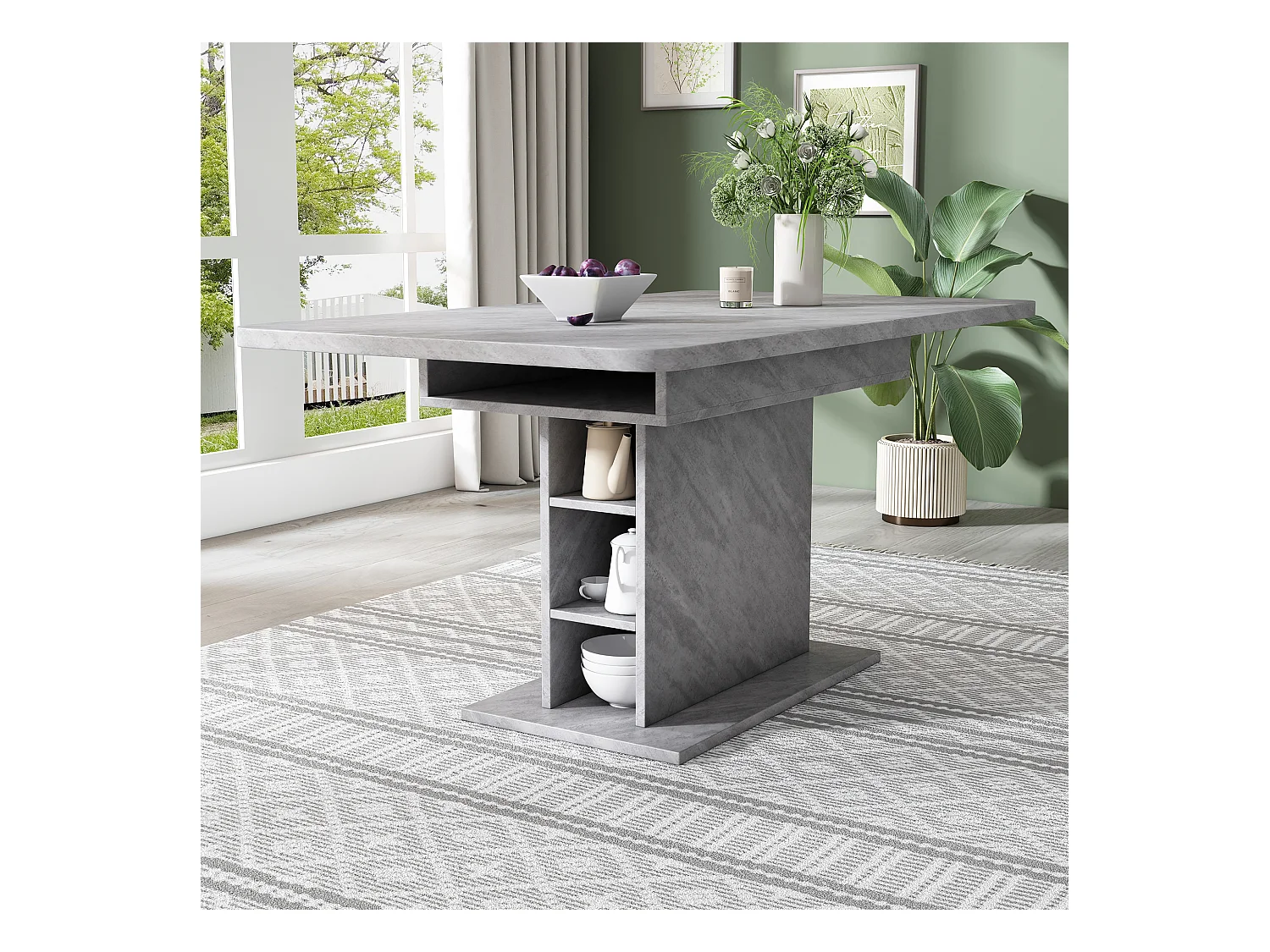 Table à manger extensible, avec rangement, design moderne, bois aggloméré, béton, (L93xP59.5xH9 cm)