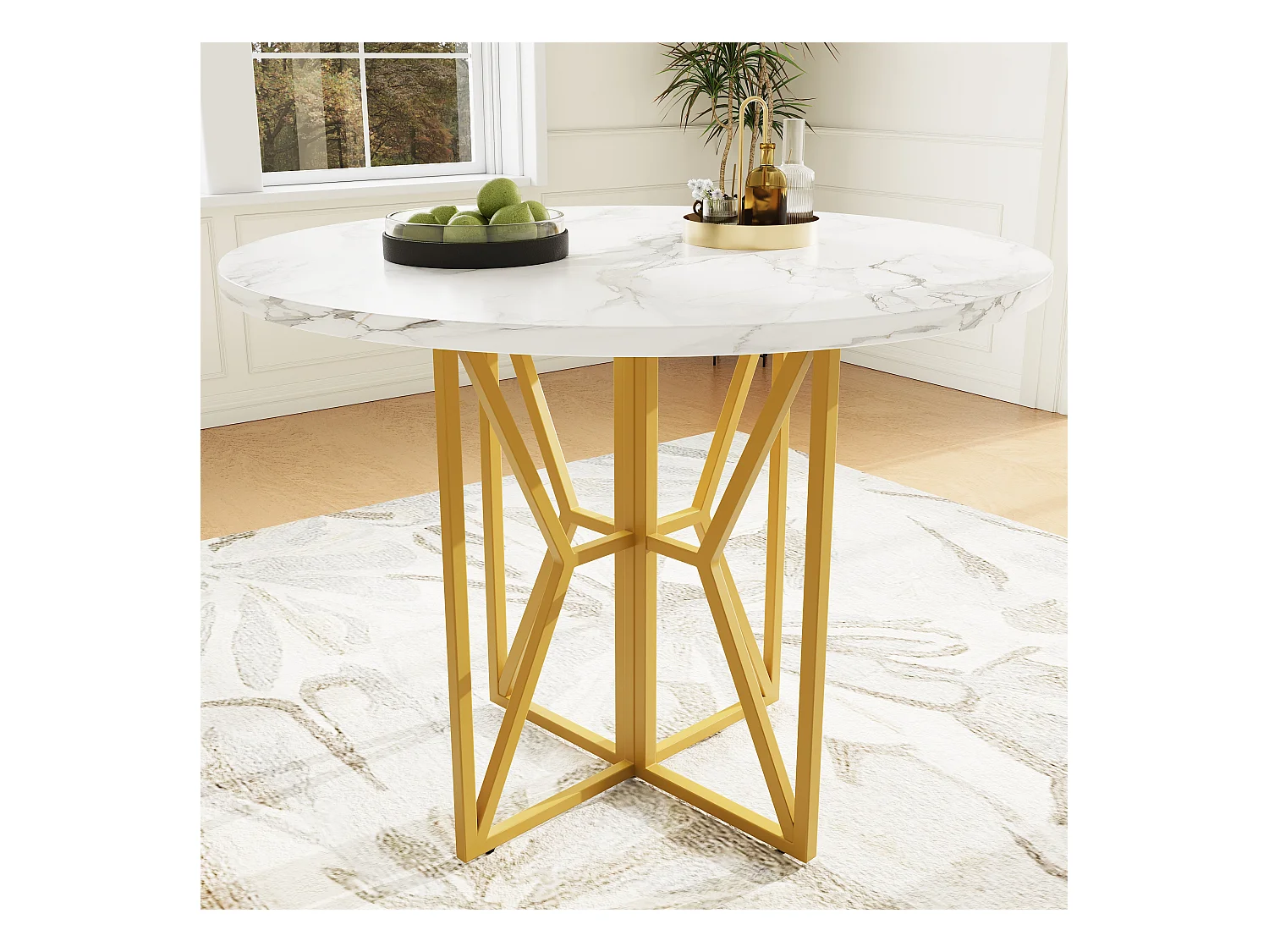 Tavolo da pranzo rotondo, design moderno, piano in MDF effetto marmo, gambe in metallo dorato, (80x80x76 cm)