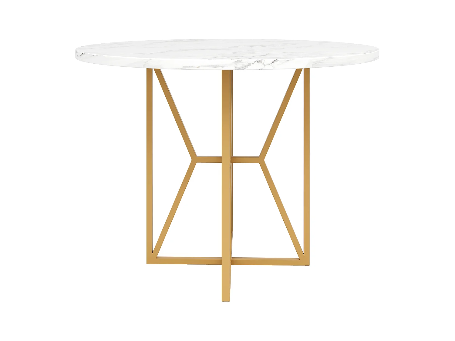 Tavolo da pranzo rotondo, design moderno, piano in MDF effetto marmo, gambe in metallo dorato, (80x80x76 cm)