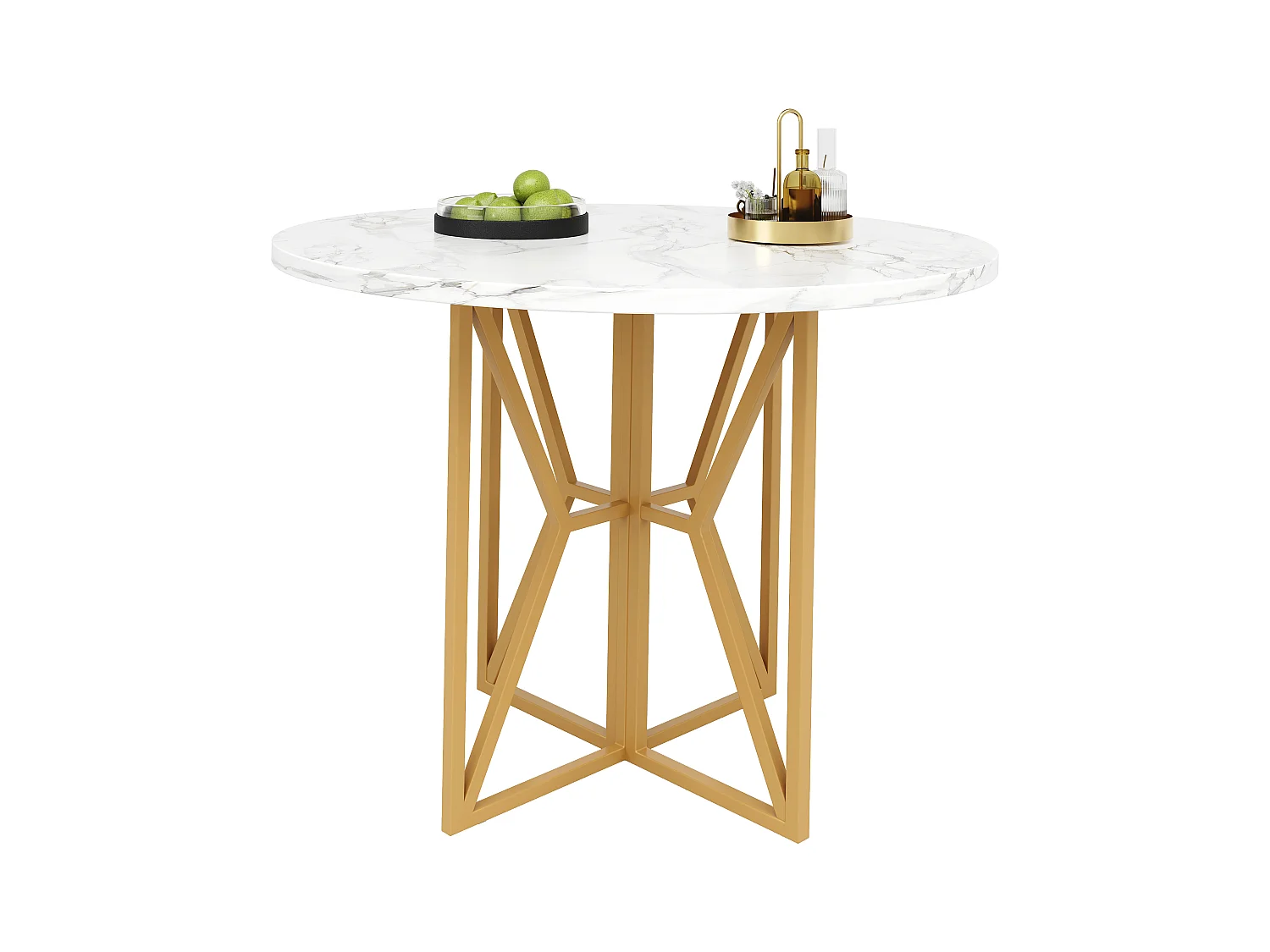 Tavolo da pranzo rotondo, design moderno, piano in MDF effetto marmo, gambe in metallo dorato, (80x80x76 cm)