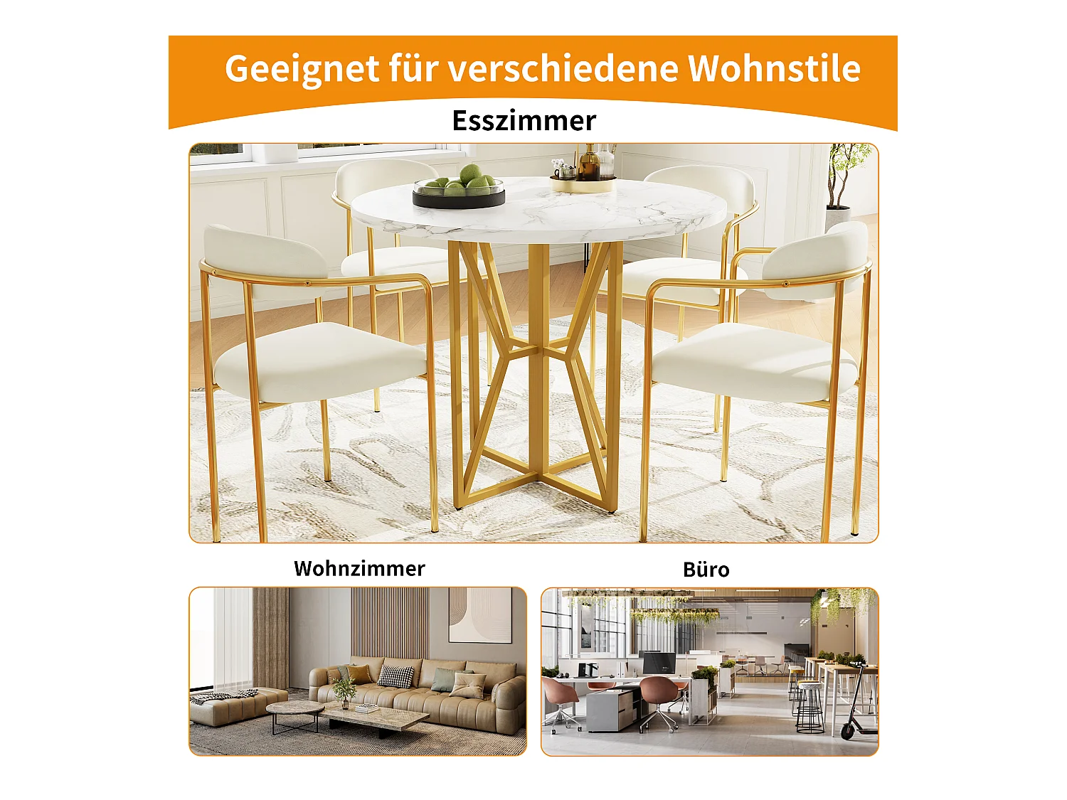 Tavolo da pranzo rotondo, design moderno, piano in MDF effetto marmo, gambe in metallo dorato, (80x80x76 cm)