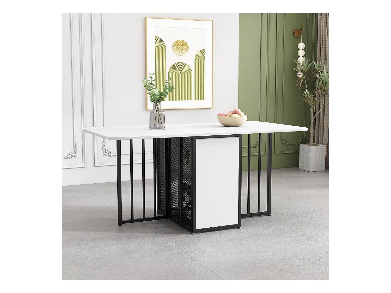 Table à manger pliante et extensible, 3 formes, avec tiroirs, bois aggloméré, blanc + noir (L140xP80xH75 cm)