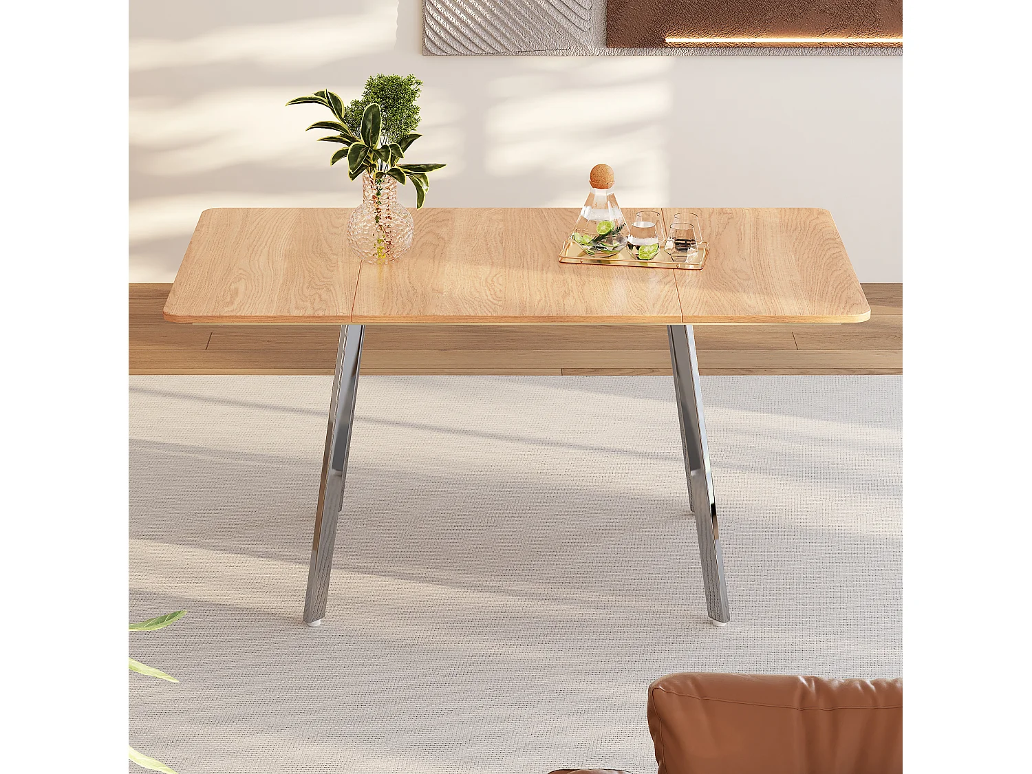 Moderne uitschuifbare eettafel, minimalistisch design, Amerikaans wit eikenhout, poten in zilverchroom, 140x80 cm (Lengte 140 x Breedte 80 x Hoogte 75 cm)
