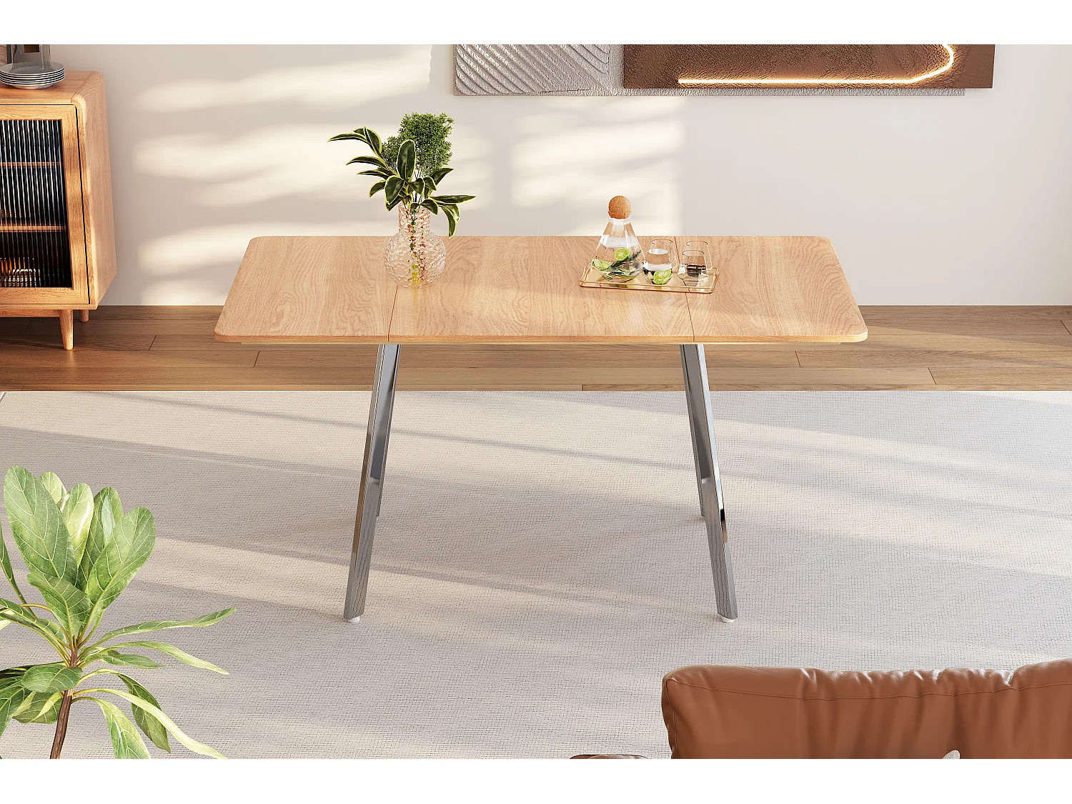 Moderne uitschuifbare eettafel, minimalistisch design, Amerikaans wit eikenhout, poten in zilverchroom, 140x80 cm (Lengte 140 x Breedte 80 x Hoogte 75 cm)