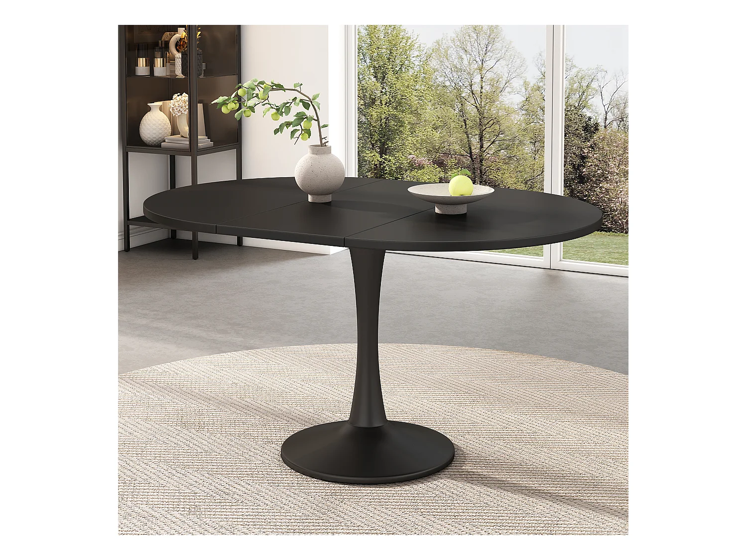 Table à manger extensible, table ovale, table de café et de loisirs, MDF, noir, (100/140 x 100 x 75 cm)