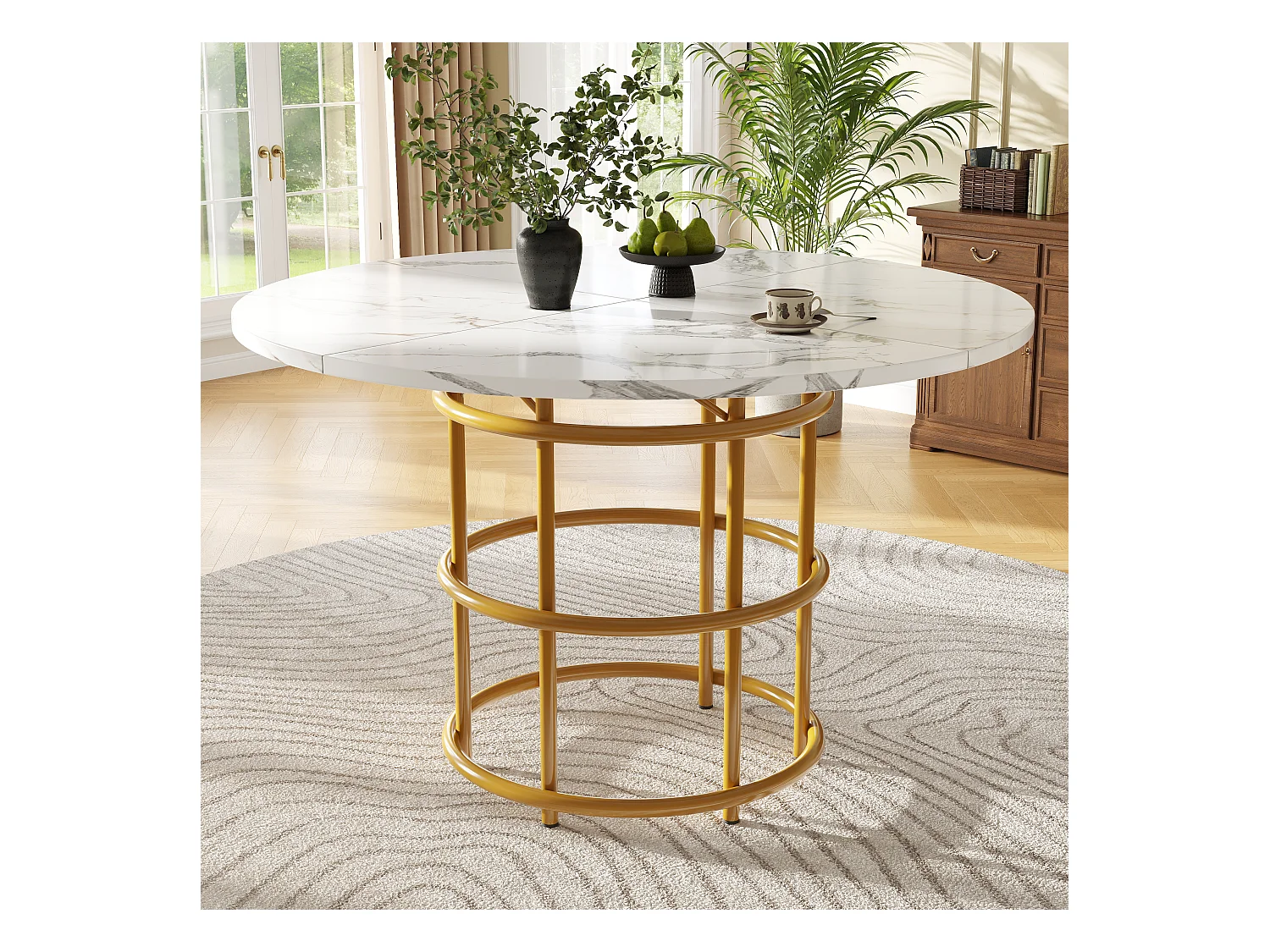 Table ronde pour salle à manger, MDF imitation marbre, pieds métalliques géométriques noirs (100x100x76 cm)