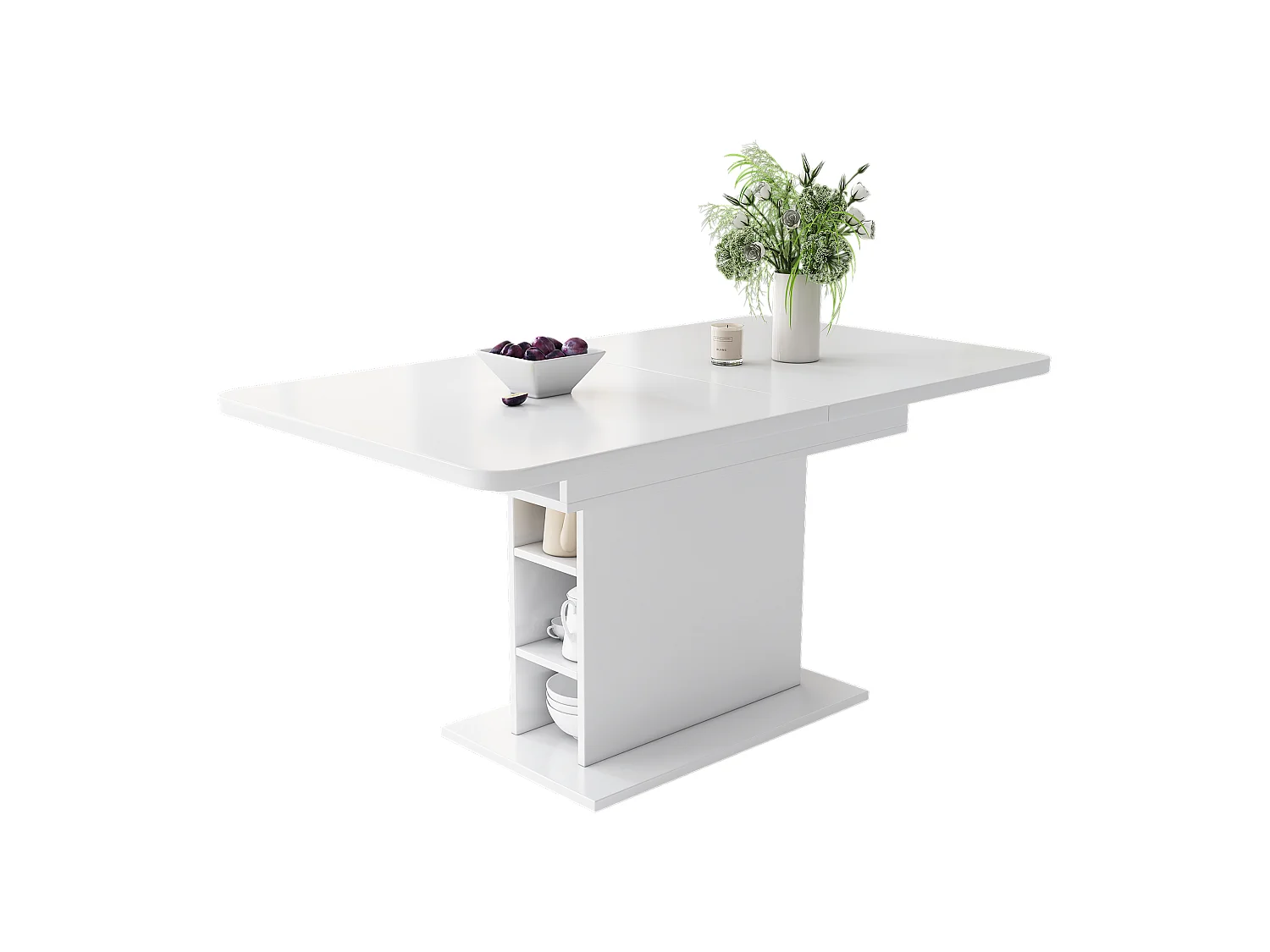 Table à manger extensible, avec rangement, design moderne, bois aggloméré, blanc, (L93xP59.5xH9 cm)