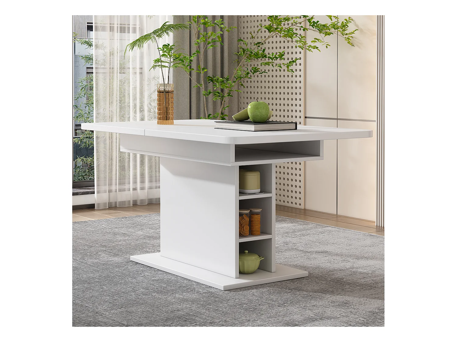 Table à manger extensible, avec rangement, design moderne, bois aggloméré, blanc, (L93xP59.5xH9 cm)