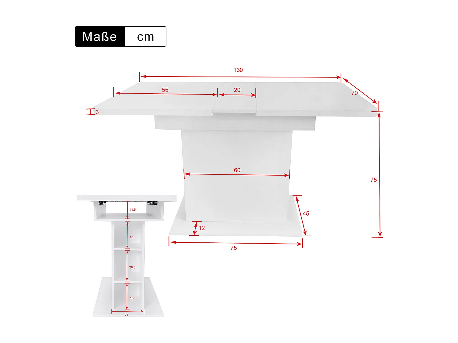 Table à manger extensible, avec rangement, design moderne, bois aggloméré, blanc, (L93xP59.5xH9 cm)