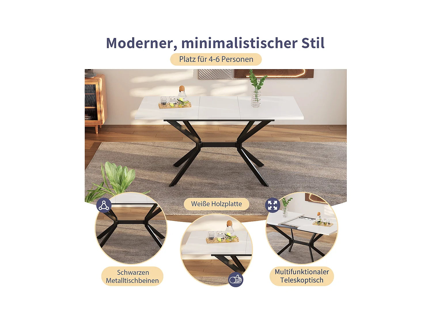 Table à manger extensible 120/160x80 cm, pour 4 à 6 personnes, pieds en métal noir, design minimaliste (dimensions : 120/160 x 80 x 75 cm)