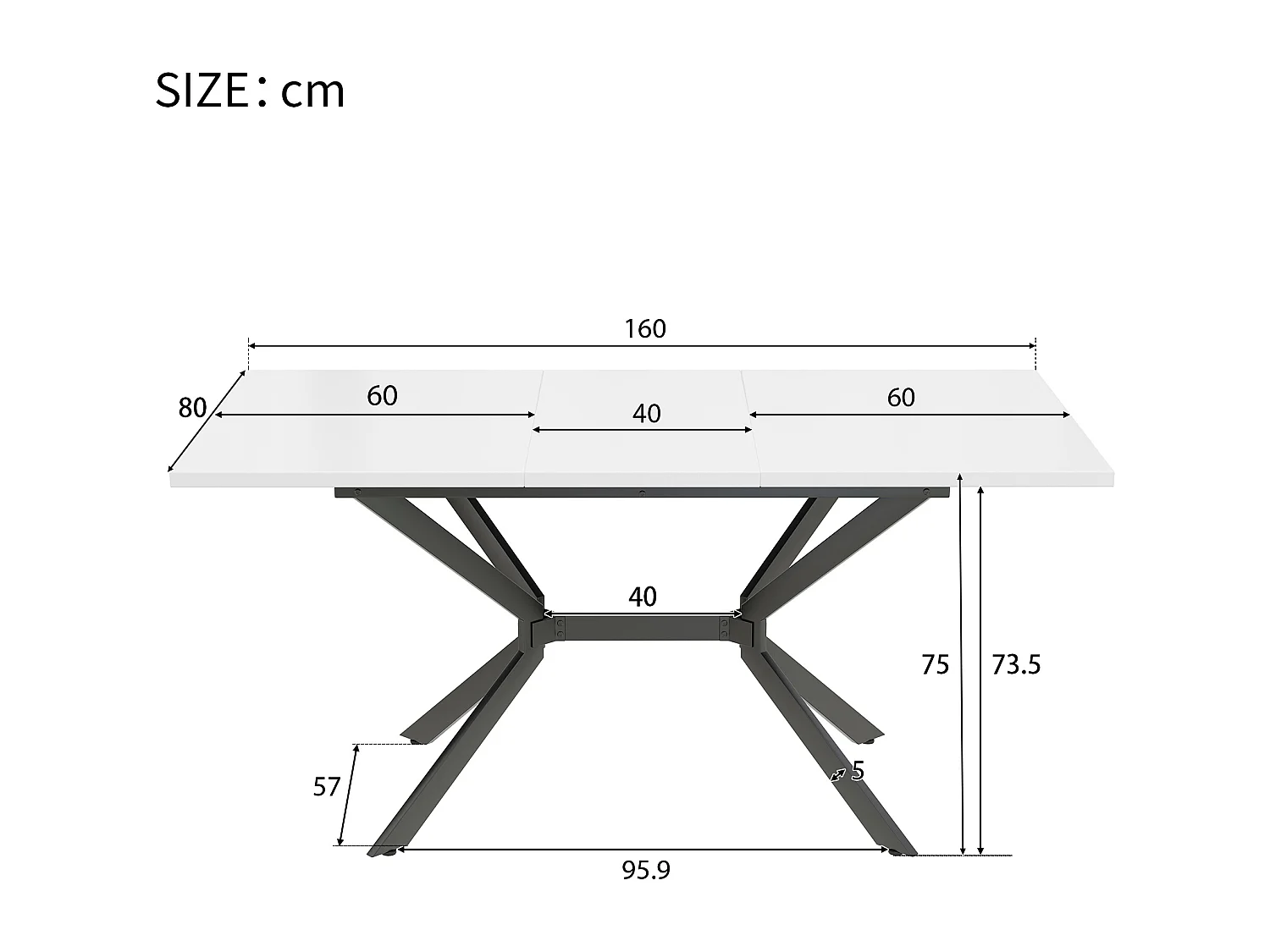 Table à manger extensible 120/160x80 cm, pour 4 à 6 personnes, pieds en métal noir, design minimaliste (dimensions : 120/160 x 80 x 75 cm)