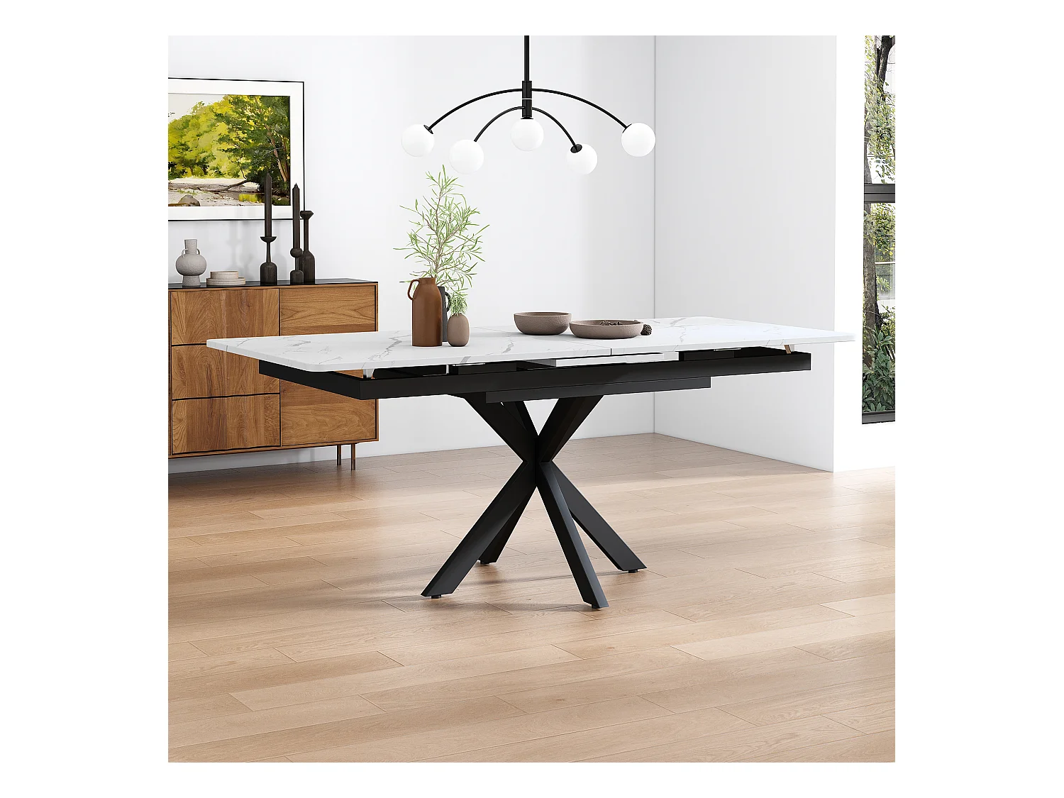 Table à manger extensible, design moderne, MDF, noir et blanc (150/180x70x76 cm)