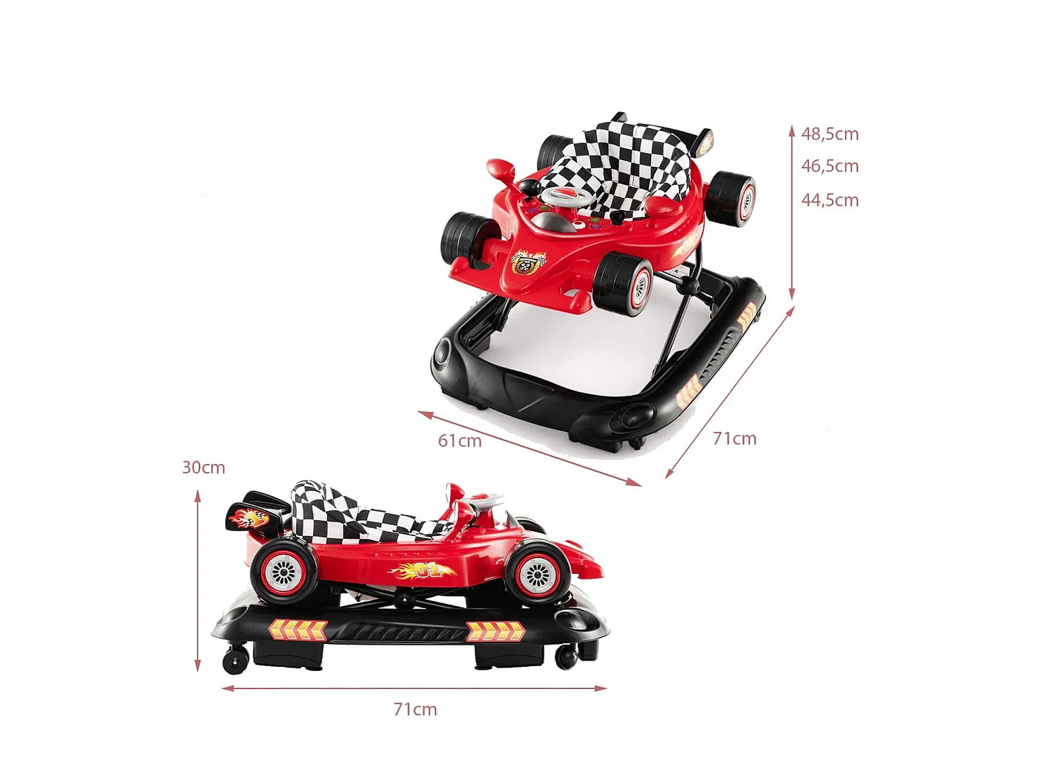 4 en 1 Trotteur Bébé Évolutif Pliable avec 3 Hauteur Réglable Trotteur Marche avec Lumière Charge 12 kg pour Bébé de 6+ Mois Rouge