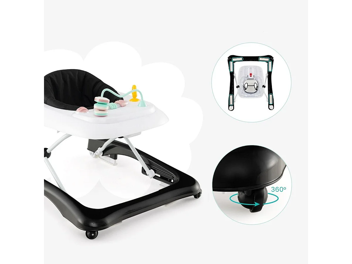 Trotteur Bébé Pliable avec 3 Hauteur Réglable & Roues Universelles 2 Vitesses Charge 12kg pour Bébé de 6 Mois +  Noir