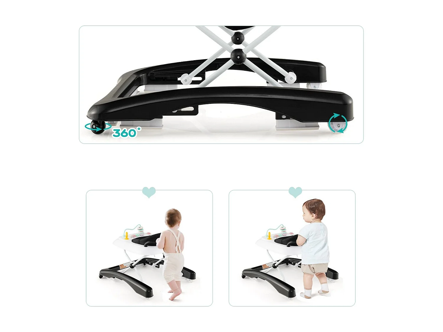 Trotteur Bébé Pliable avec 3 Hauteur Réglable & Roues Universelles 2 Vitesses Charge 12kg pour Bébé de 6 Mois +  Noir