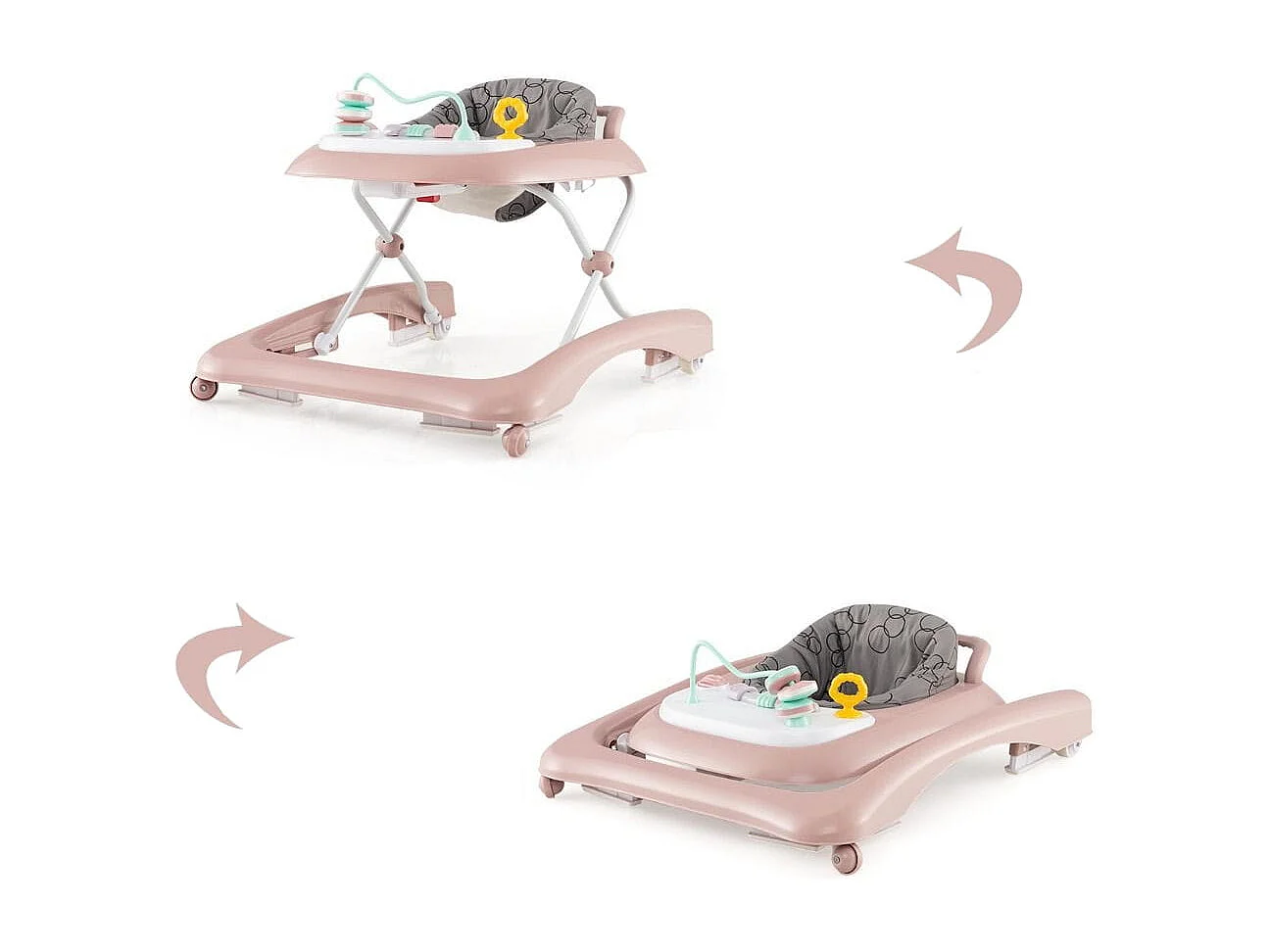 Trotteur Bébé Pliable avec 3 Hauteur Réglable & Roues Universelles 2 Vitesses Charge 12kg pour Bébé de 6 Mois + Rose