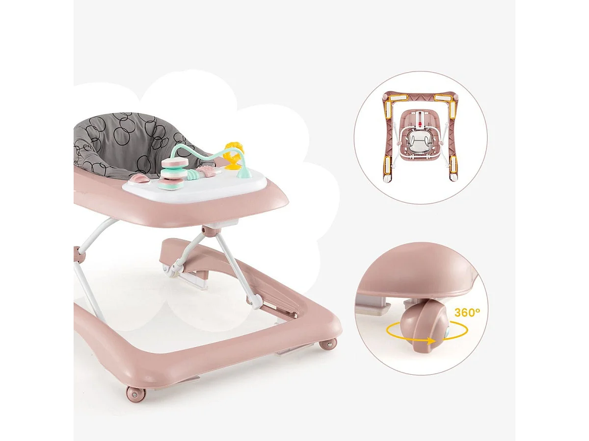 Trotteur Bébé Pliable avec 3 Hauteur Réglable & Roues Universelles 2 Vitesses Charge 12kg pour Bébé de 6 Mois + Rose