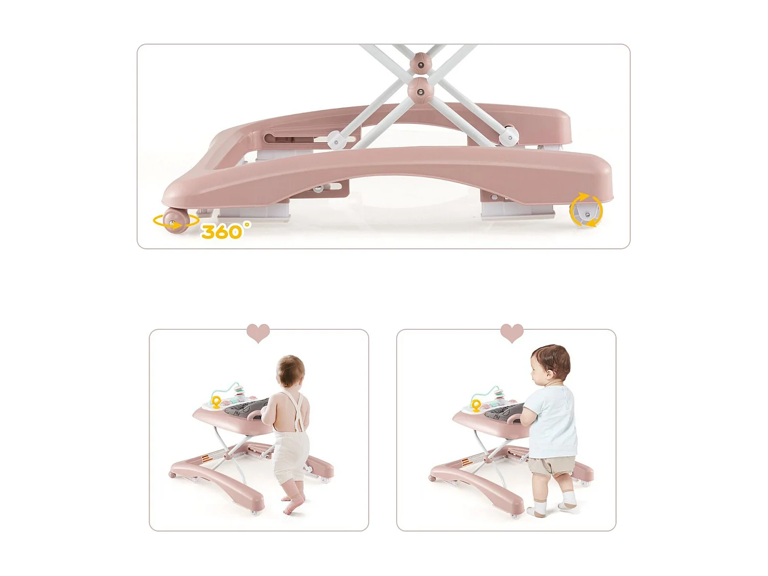 Trotteur Bébé Pliable avec 3 Hauteur Réglable & Roues Universelles 2 Vitesses Charge 12kg pour Bébé de 6 Mois + Rose