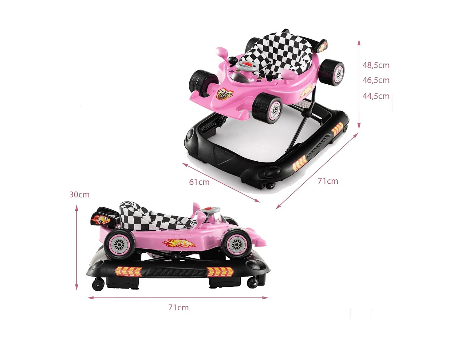 4 in 1 Baby Lauflernhilfe mit Verstellbarer Höhen Abnehmbarem Spieltablett Autoförmige Lauflernwagen Rosa