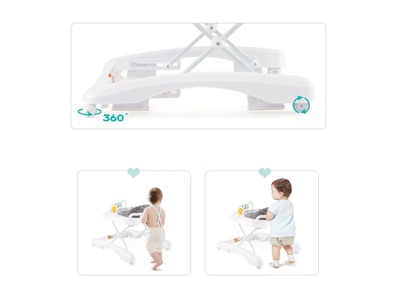 Trotteur Bébé Pliable avec 3 Hauteur Réglable & Roues Universelles 2 Vitesses Charge 12kg pour Bébé de 6 Mois + Gris