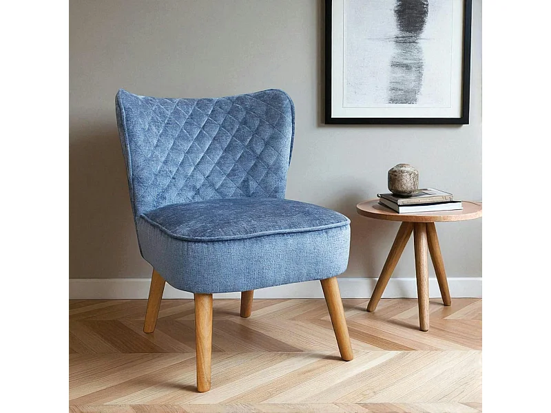 Fauteuil bleu tissu chenille - pieds bois, motif croisé IENA
