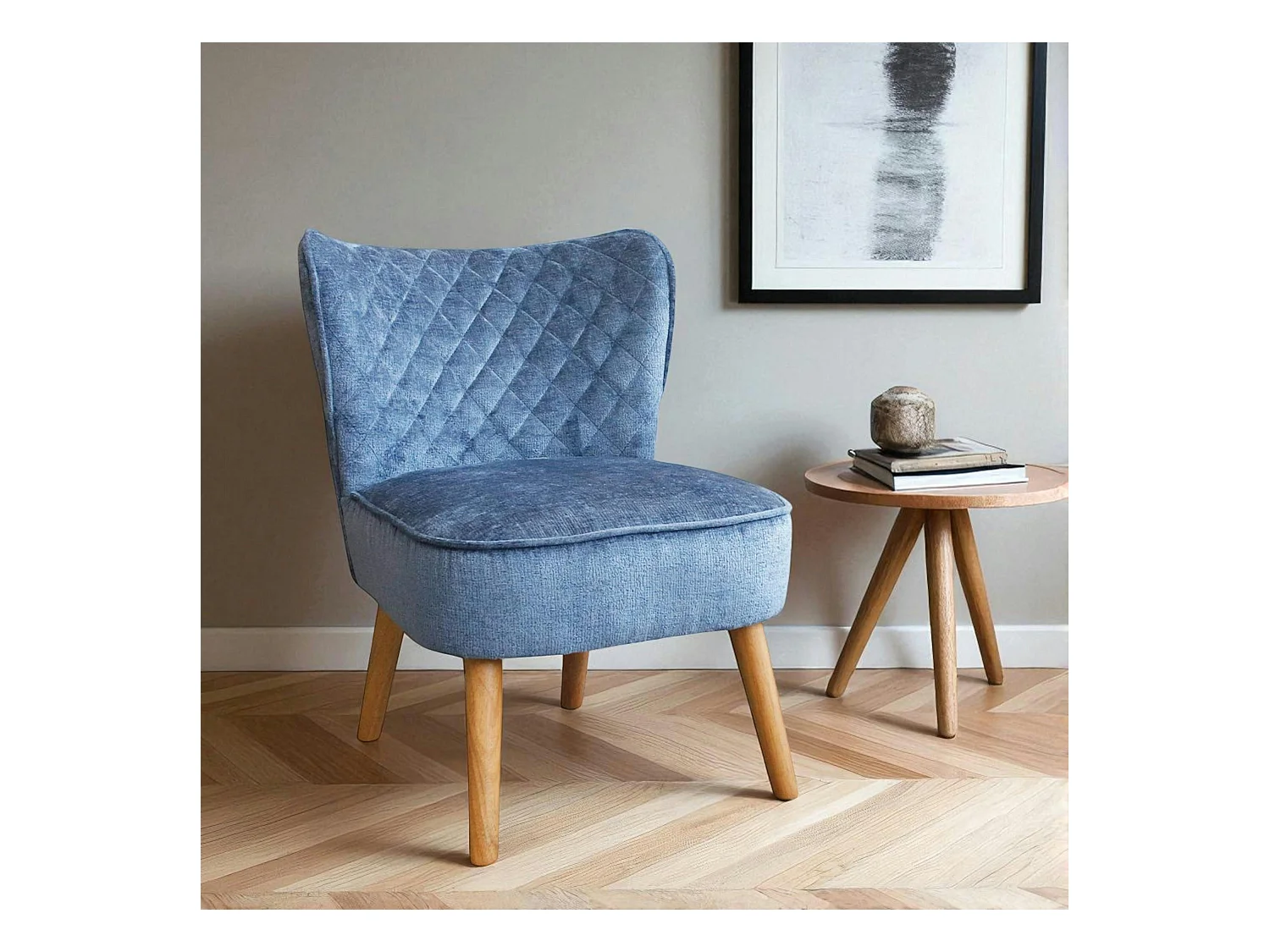 Fauteuil bleu tissu chenille - pieds bois, motif croisé IENA