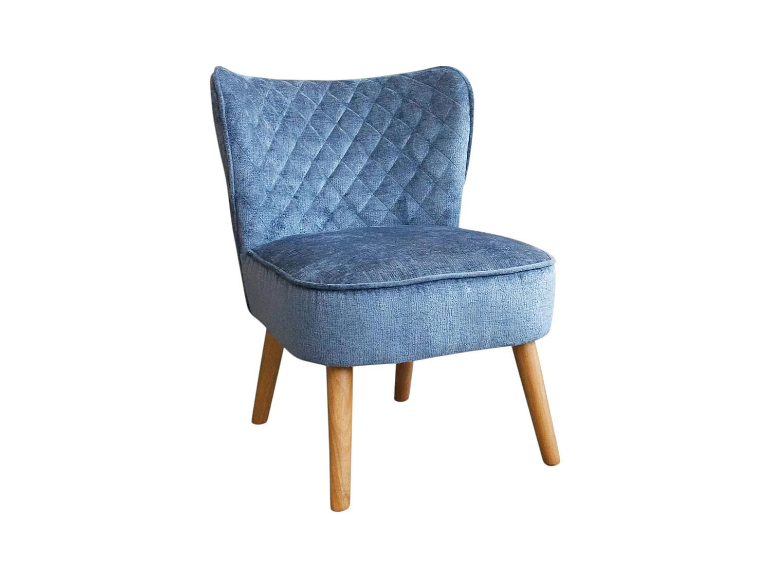 Fauteuil bleu tissu chenille - pieds bois, motif croisé IENA