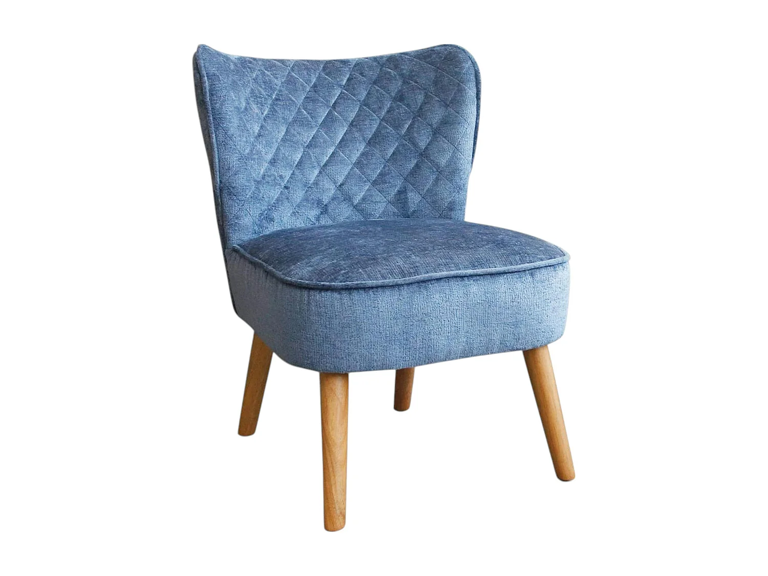 Fauteuil bleu tissu chenille - pieds bois, motif croisé IENA