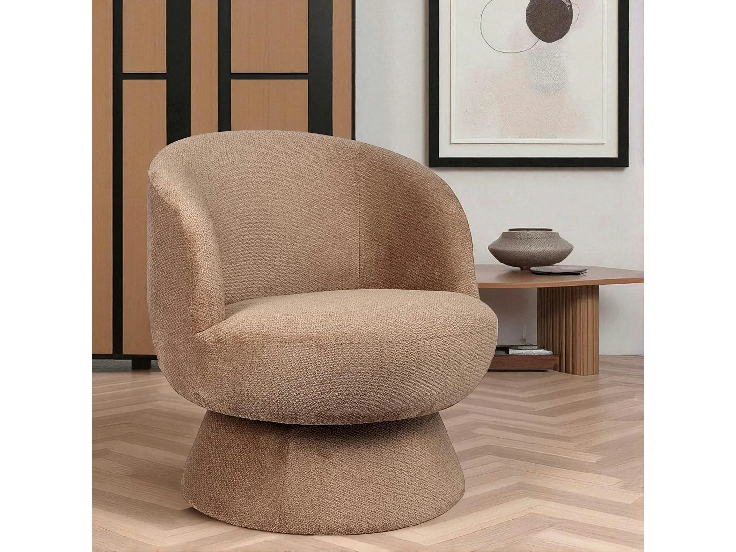 Fauteuil camel pivotant - tissu chenille, style rétro IENA