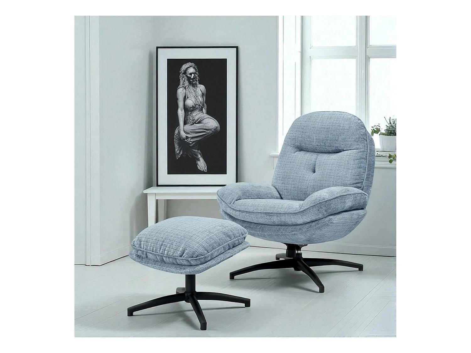 Fauteuil détente bleu acier pivotant avec repose-pieds IENA